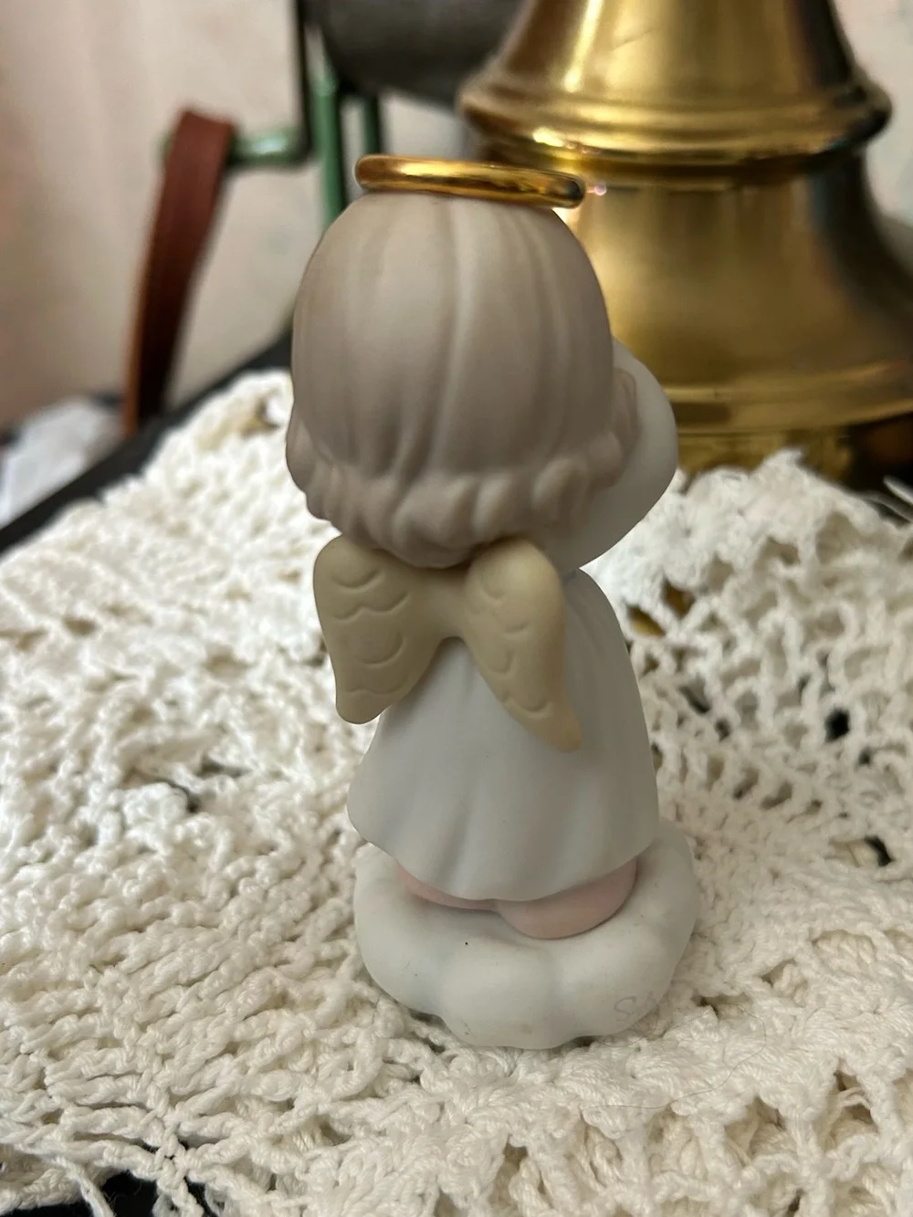 Precious Moments Angel Figurine in White with Gold Halo and Blue Jewel